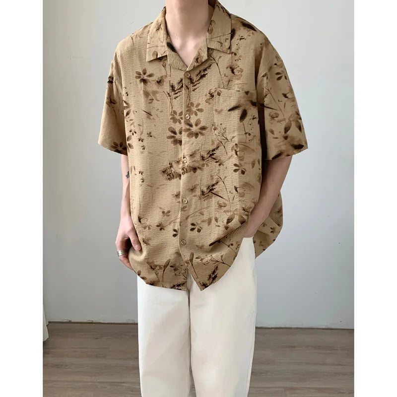 Hehope Summer Short Sleeved Shirt Men Oversized Printed Casual Shirt Men Streetwear Korean Loose Flower Shirts Mens Hawaiian Shirt