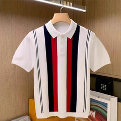 Hehope 2024 Summer Short Sleeve Casual Polo Shirt Men Fashion Button Lapel Striped Knitting Tops For Mens Vintage Knitwear Streetwear