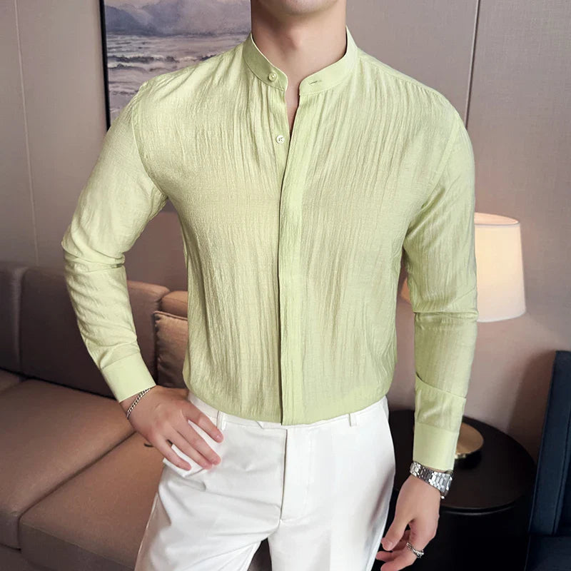 Hehope Men Linen Shirt, Chinese Standing Collar, 2024 Summer New Light and Thin Long Sleeved Shirt, Fashionable and Casual Men Clothing