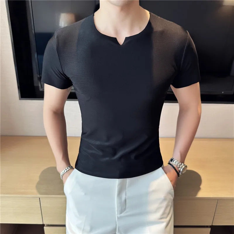 Hehope Men T Shirt Summer New Thin Ice Silk Solid Casual Short Sleeved Elastic Slim Fit T-shirt Tops Korean Fashion Men Clothing