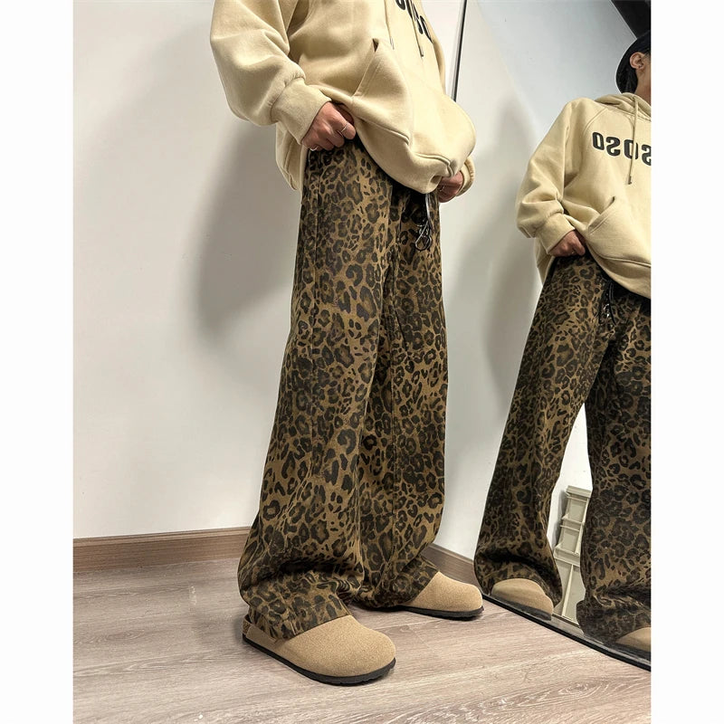 Hehope Leopard Printed Jeans Men Fashion Retro Printed Vintage Jeans Men Streetwear Hip-hop Loose Wide Leg Jeans Mens Denim Trousers