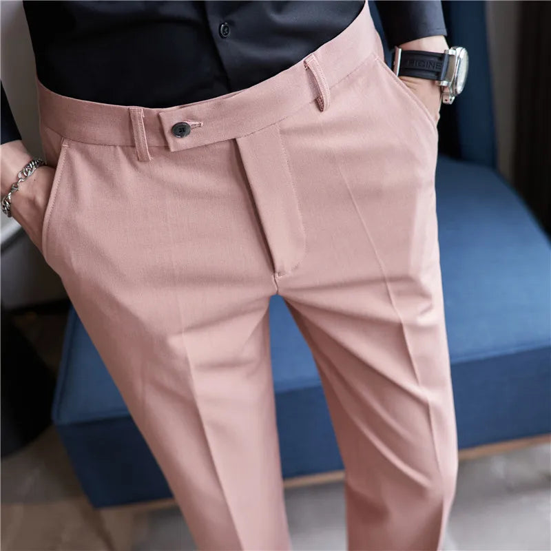 Hehope Men's Suit Pants Autumn Pink Blue Slim Fit Business Formal Trousers British Style Handsome Casual Dress Pants Men Clothing