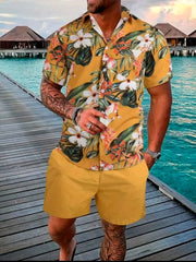 Hehope Men'A Spring And Fall 2-Piece Beach-Style Short-Sleeved Button-Down Lapel T-Shirt Shorts drawstring Casual Business Sports suit