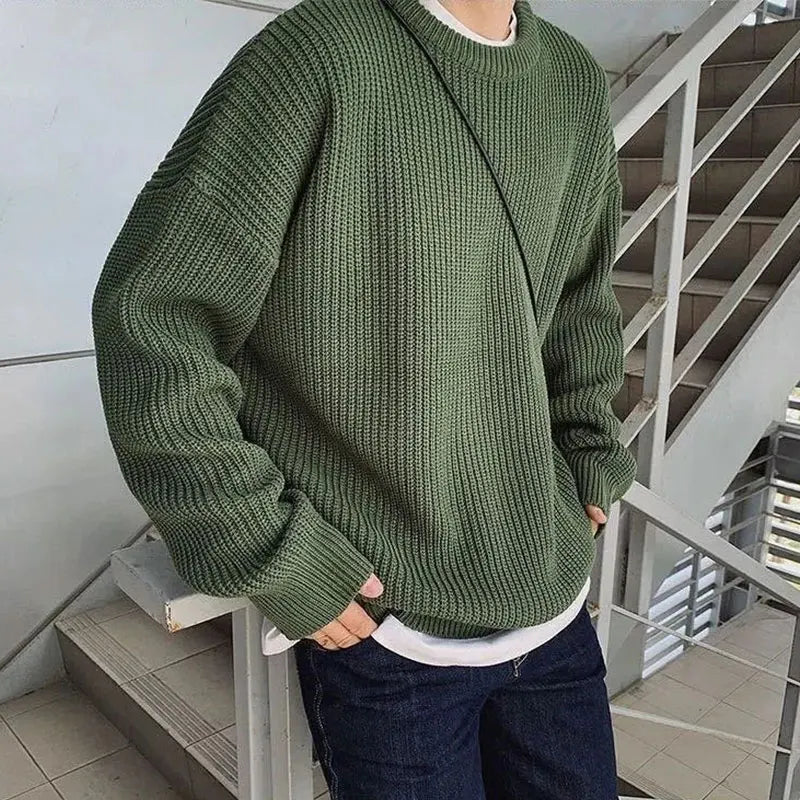 Hehope Autumn Winter Sweater Men Pullover Loose Knitted Sweater Korean Style Trend Green Sweaters Jumper Hip Hop Streetwear Knitwear