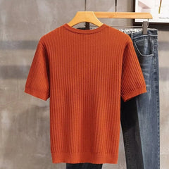 Hehope 2024 Spring Summer New Mens Knitting T Shirts Short Sleeve Crew Neck Knit T-shirt Solid Color Bottoming Tops Men Knitwear Casual