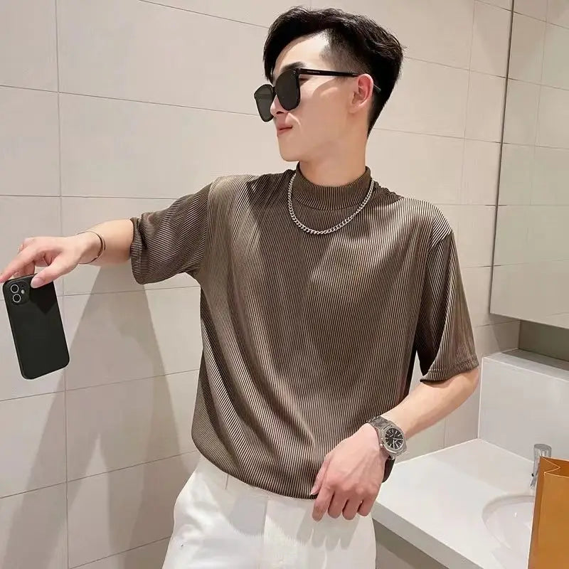 Hehope Office Lady Fashionable Casual Man Korean T-Shirts Men's Clothing Solid Pullovers Loose Solid Color Round Neck Summer Thin