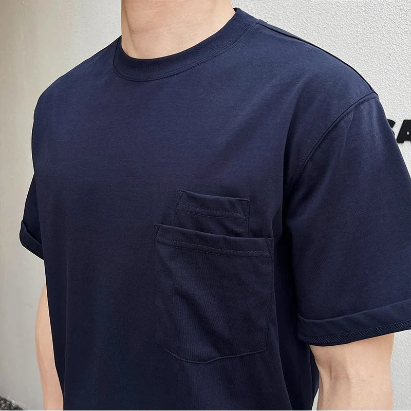 Hehope Trendy Pockets Pure Color Cotton T Shirt Men Short Sleeve O Neck Casual Tees For Male Summer Fashion Simple Loose Mens T-shirts