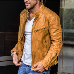 Hehope New Mens Leather Jacket Men Fashion Red Motorcycle PU Leather Jacket Stand Collar Zipper Pockets Leather Coats