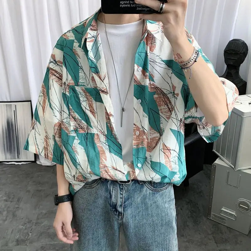 Hehope Handsome Shirts Straight Turn-down Collar Short Sleeve Button Printing Comfortable Street Casual Fashion Men's Clothing Summer