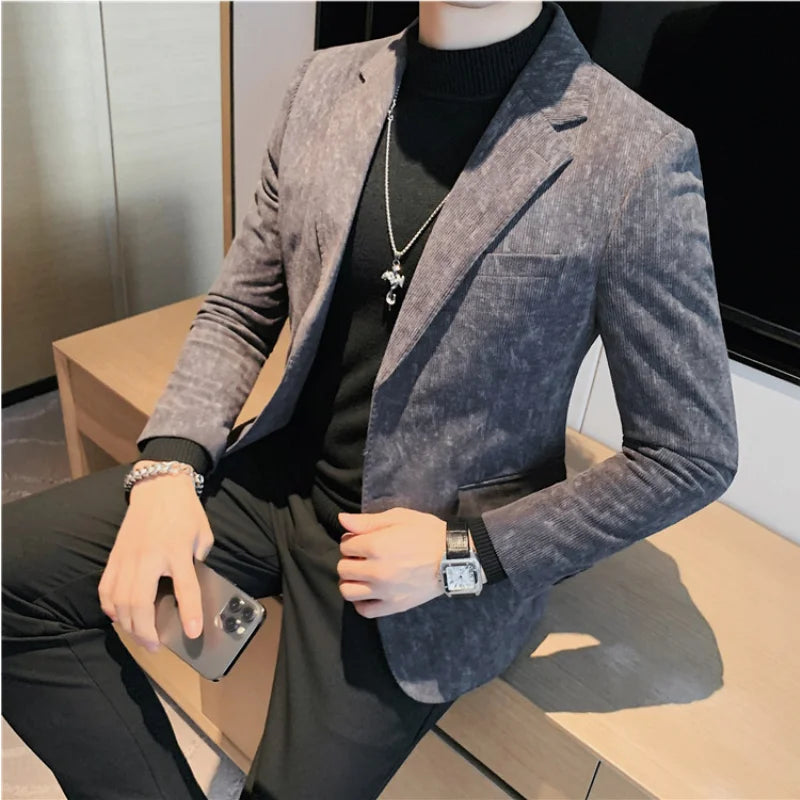 Hehope Corduroy Men's Casual Blazer New Fashion Tie-dye Slim Fit Suit Jackets Men Casual Business Office Social Wedding Groom Coat