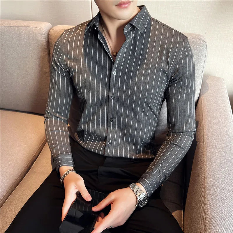 Hehope Striped Shirts for Men Autumn Korean Version Solid Color Casual Long Sleeved Elastic Slim Fit Camisas Fashion Men Clothing