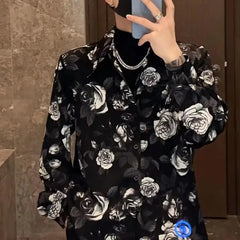 Hehope New Spring and Summer Fashion Trend Casual, Handsome, Non Ironing, Loose, and Luxury Rose Print Men's Long Sleeve Shirt