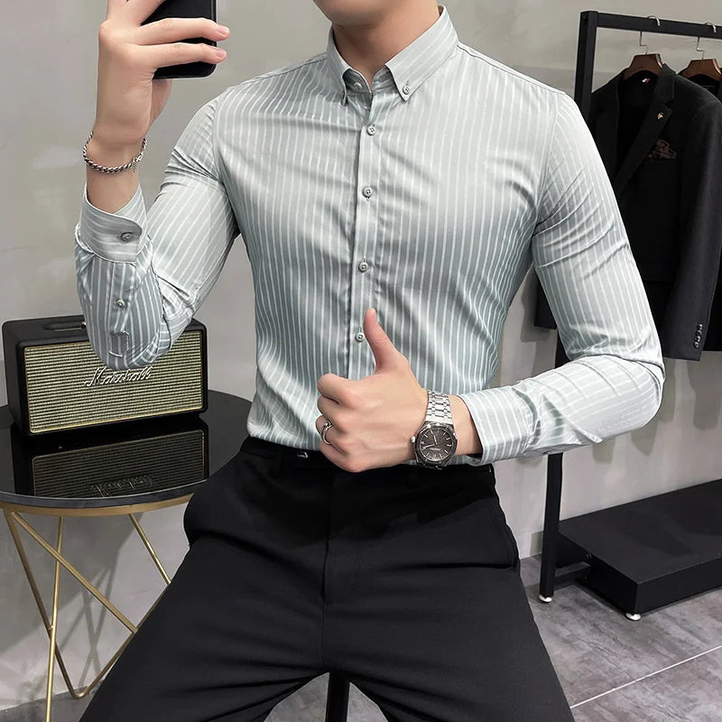 Hehope Mens Striped Shirts Spring New Long Sleeve British Style Solid Color Casual Long Sleeve Dress Shirts Brand Mens Clothing