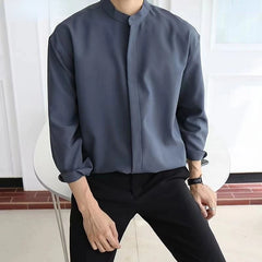 Hehope New Silk Senior Sexy Dark Blue Shirt for Men Solid Color Long Sleeve Stand-up Collar Loose Business Casual Iron-free Shirt