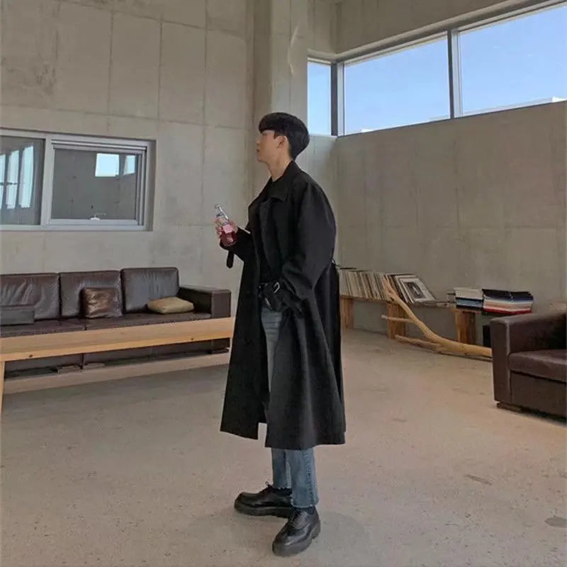 Hehope Khaki Black Trench Coat Men Fashion Autumn Oversized Long Coat Men Korean Loose Windbreaker Jacket Mens Overcoat M-2XL