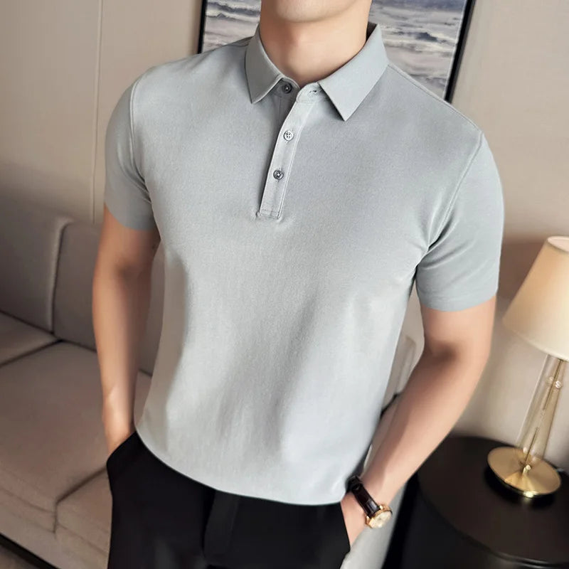 Hehope Mens Short Sleeved POLO Shirt 2024 Summer New British Style Solid Color Casual T-shirt Pure Cotton Slim Fit Fashion Men Clothing