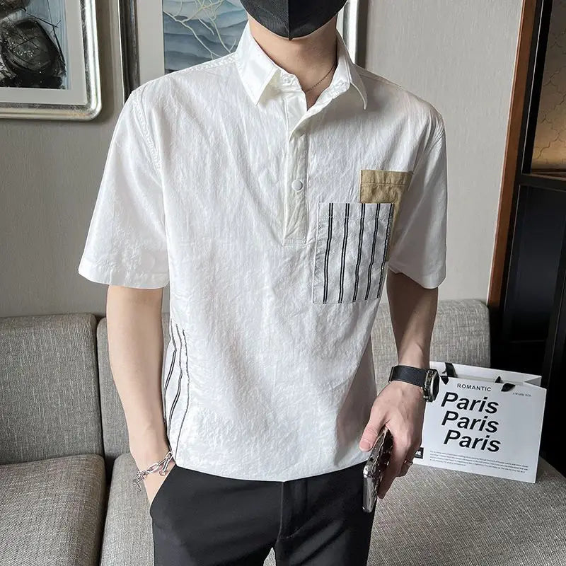 Hehope Young Style T-Shirt Street Loose Casual Fashion Pockets Solid Button Patchwork Simplicity Turn-down Collar Summer Men's Clothing