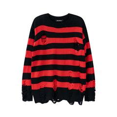 Hehope High Street Retro Punk Red and Black Stripes Autumn Sweater Men Loose Ripped Hole Tassel Pullover Round Neck Casual Clothes