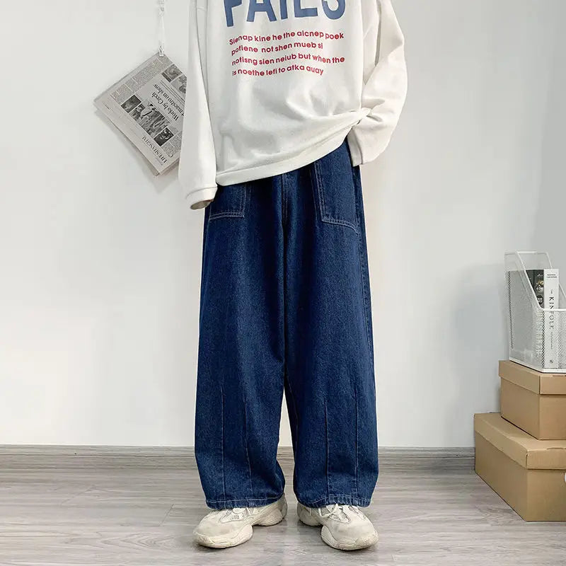 Hehope Spring Autumn New Solid Color Cowboy Straight Pants Man Japanese Style Loose Fashion Hip Hop Personality Wide Leg Trousers