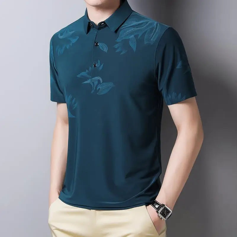 Hehope Summer New Short Sleeve Polo Shirts Man Turn-down Collar Button Fashion Printing Ice Silk Fabric Pullovers Casual Tops