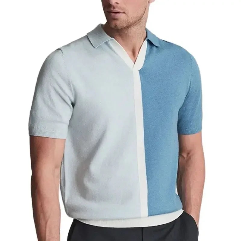 Hehope Leisure Short Sleeve Knitted Polo Shirt For Men Summer Casual Contrast Color Patchwork Slim Mens Polos Fashion Button Lapel Tops