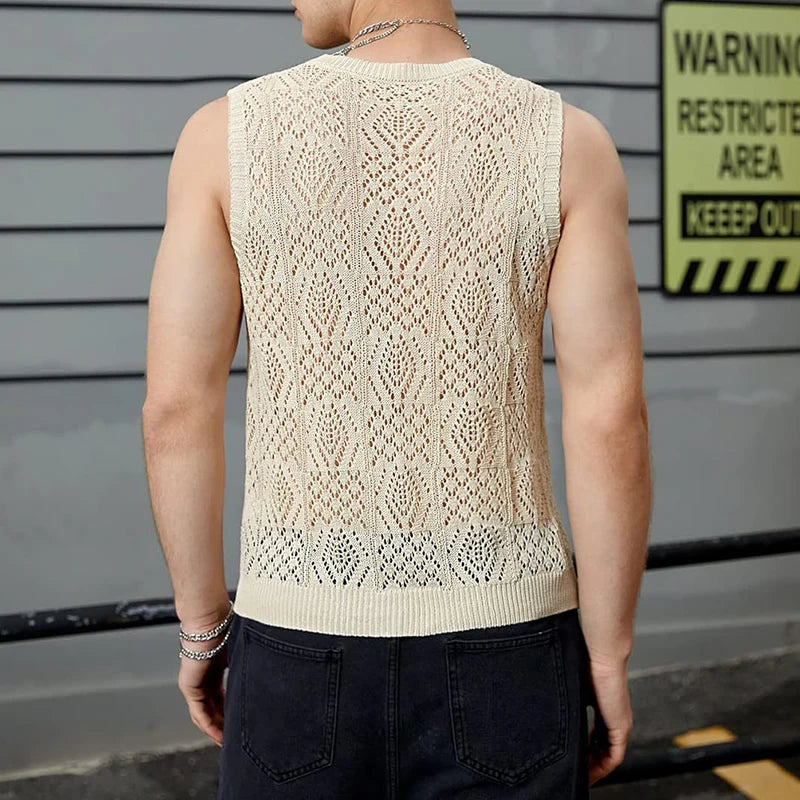 Hehope 2024 Summer Fashion Crochet Knit Tank Tops For Men Vintage Slim Crew Neck Sleeveless Camisoles Mens Knitwear Casual Knitted Vest