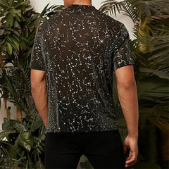 Hehope Party Fashion Mens Mesh T Shirt Spring Long Sleeve Crew Neck Pullover Vintage Shinny Embroidery Mesh Tops Sexy Mens Slim T-shirt