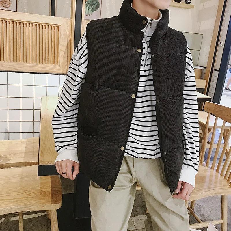 Hehope M-3XL Winter Fashion Padded Vest Male Cotton-padded Vests Coats Men Sleeveless Jackets Corduroy Warm Button Waistcoats Clothing