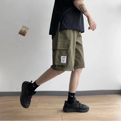 Hehope Summer Youth Loose Oversized Men's Clothing Solid Color Elastic Waist Spliced Pocket Fashion Casual Trend All-match Cargo Shorts