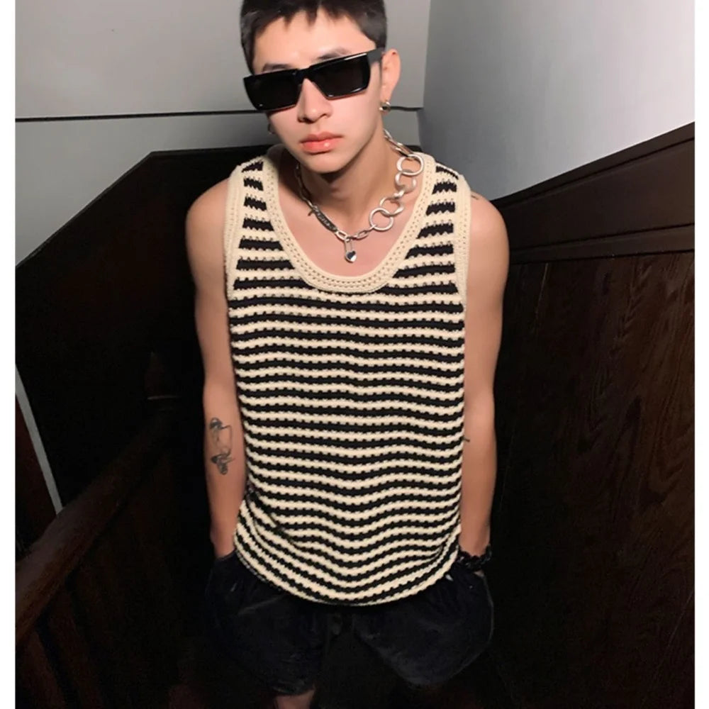 Hehope Summer New Niche Knitted Hollow Striped Vest Men Spaghetti Straps O-Neck Casual Loose Retro Couple Knit Sweater Vest