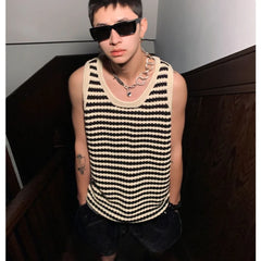 Hehope Summer New Niche Knitted Hollow Striped Vest Men Spaghetti Straps O-Neck Casual Loose Retro Couple Knit Sweater Vest