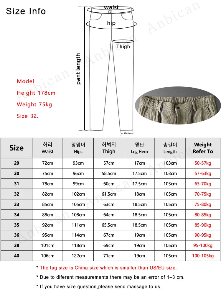 Hehope New Autumn Men Pants Business Casual Banding Waist Drawstring Centre Zip Corduroy Slacks Semi-Wide Straight Long Trousers