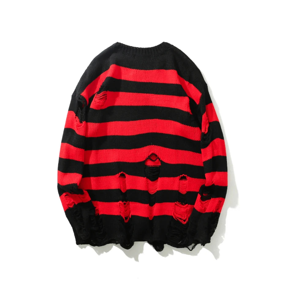 Hehope High Street Retro Punk Red and Black Stripes Autumn Sweater Men Loose Ripped Hole Tassel Pullover Round Neck Casual Clothes