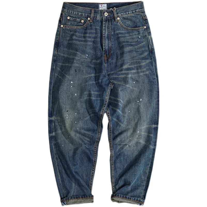 Hehope Four Seasons New American Retro Spray Paint Denim Jeans Men's Fashion 100% Cotton Washed Make Old Casual Straight Loose Trousers