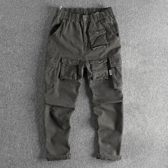 Hehope Heavy woven wash cotton retro cargo multi-pocket casual pants men's loose straight leg trend pants