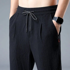 Hehope Spring Summer Men Cotton Hemp Ice Silk Pants Streetwear Fashion Male Basic Elastic Waist Loose Sports Straight Casual Trousers