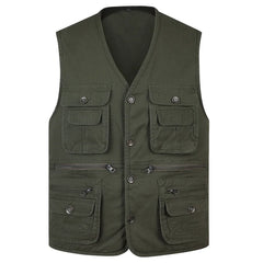 Hehope New Classic Summer Men Vest Cotton Button Multi Pocket Sleeveless Jacket Coat Solid Color Outdoor Fishing Waistcoat Plus Size