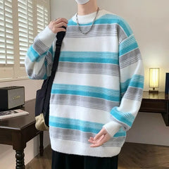 Hehope Autumn Winter New Fashion Round Neck Long Sleeve Striped Pullovers Men's Clothing Casual Loose Korean All-match Knitting Tops