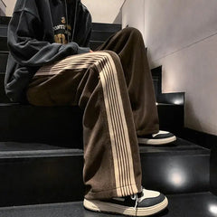 Hehope Street Fashion Trendautumn New Solid Side Stripe Straight Casual Pants Men's Pockets Drawstring Loose Versatile Sports Trousers