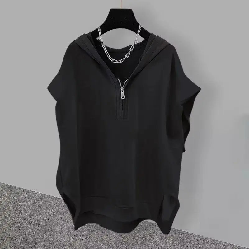 Hehope Korean Version Summer Men's 2024 New Spliced Hooded Zipper Fashion Solid Color Versatile Casual Loose Sleeveless Vest Tops