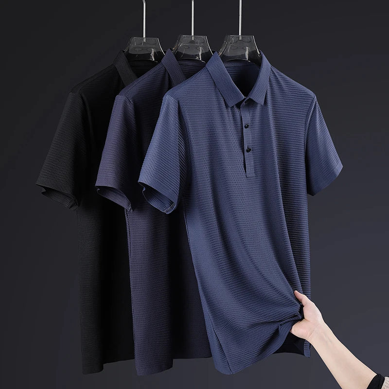 Hehope New Men'S Summer Short Sleeved Lapel 80% Nylon Business Casual Quick Drying Ice Silk T-Shirt Handsome And Fashion Versatile Top