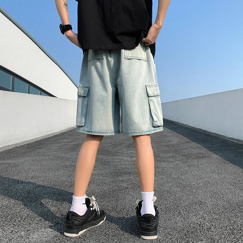 Hehope Korean Summer Men's Wide Leg Denim Shorts New Fashion Loose Casual Elastic Waist Large Pocket Work Shorts Men's Brand Clothing