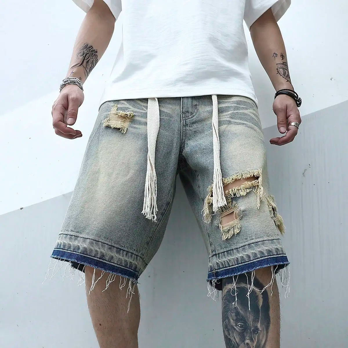 Hehope Men Summer Stretchy Denim Jeans Shorts For Men Cargo Casual Wide Leg Elastic Waist Ripped Cargo Baggy Shorts Y2k Streetwear Pant