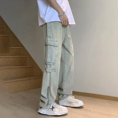 Hehope Spring Autumn Retro Cargo Jeans Men American Style Mid Rise Multi Pocket Denim 2024 Trousers Fashion Punk Streetwear