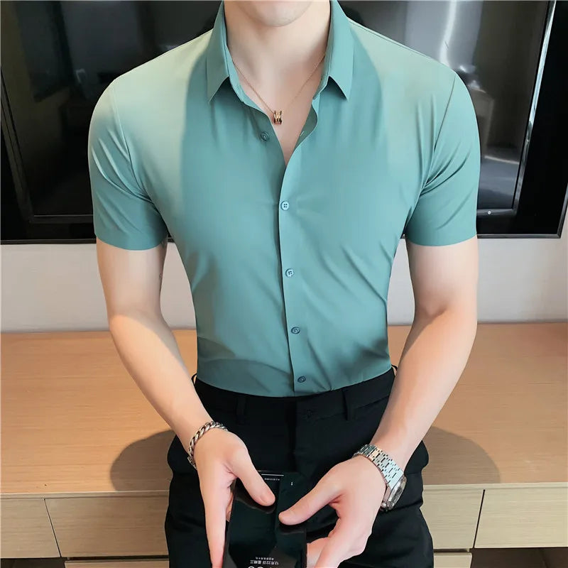 Hehope High elasticity Men Shirt Short sleeve 2024 Summer Anti-wrinkle Soft Thin Solid Casual Slim Fit Formal Dress Shirt Men Clothing