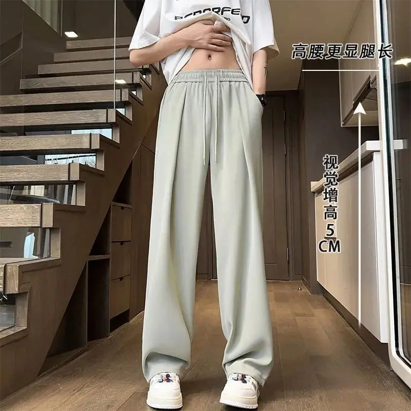 Hehope Summer Fashion Thin Ice Silk Loose Straight Pants Men Solid Elastic Waist Drawstring Pocket Casual Ventilate Wide Leg Trousers