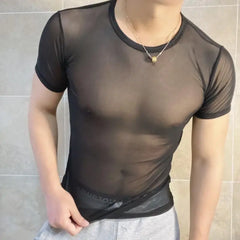 Hehope Summer Man Slim Sexy Sheer Men's Wear  Round Neck Solid Color Grid Mesh Gauze Tops Men's Personality T-shirt