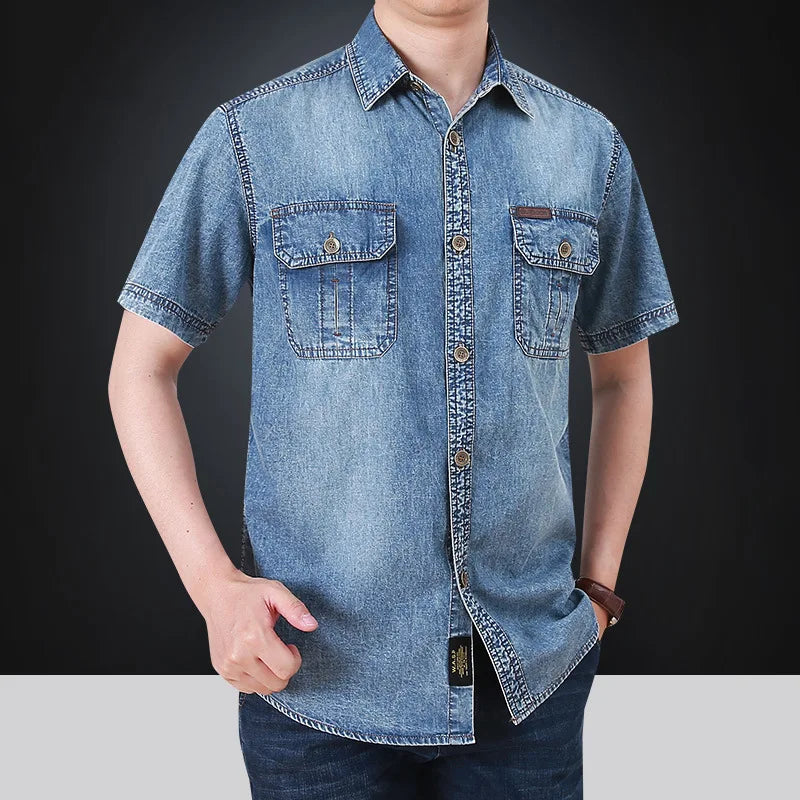 Hehope Summer New Simple Polo Collar Men Denim Short Sleeve Shirt Comfortable Thin Mens Top Casual Loose Male Shirts