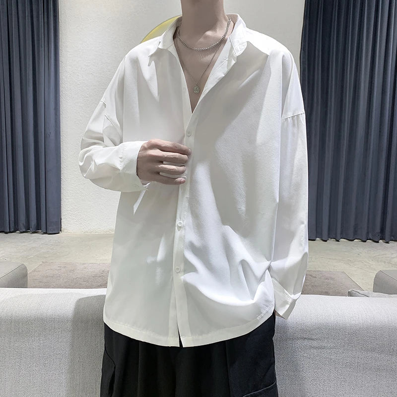 Hehope Men Black Solid Long-sleeved Shirts Mens Harajuku Fashion Oversize Shirt Male Gray Casual Streetwear Loose Blouses Plus Size