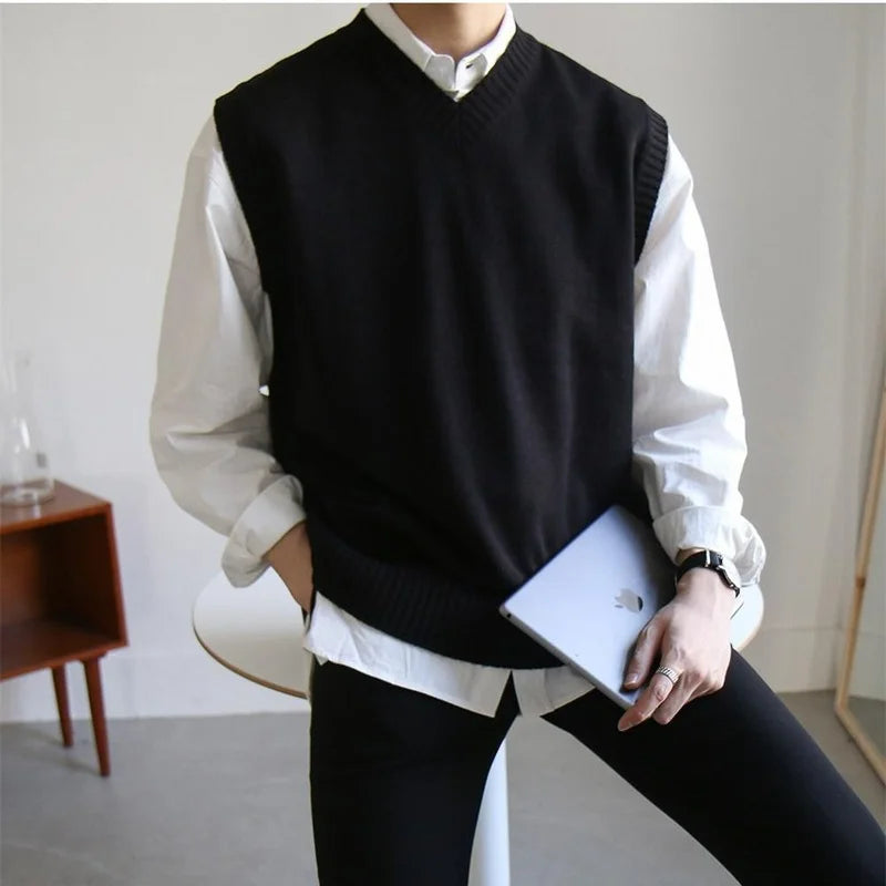 Hehope New Mens Sweater Vest Spring Sleeveless Loose Solid Color Simple V Neck Sweater Men Korean Fashion Harajuku Pullover Vest